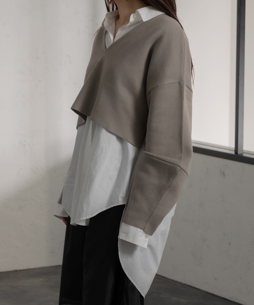 Ezick（エジック）の「バックシャンVネックショートトップス（ニット/セーター・レディース・ライトブルー/グレイッシュベージュ/ブラック・FREE）」の21枚目の写真