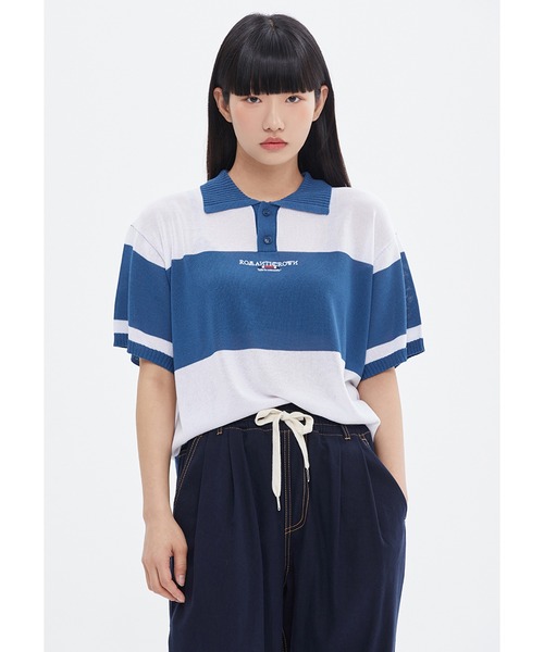 ROMANTIC CROWN（ロマンティッククラウン）の「/ROMANTIC CROWN/STRIPE KNIT POLO【Wo】（ポロシャツ・メンズ・ブルー/グリーン・MEDIUM/LARGE）」の2枚目の写真