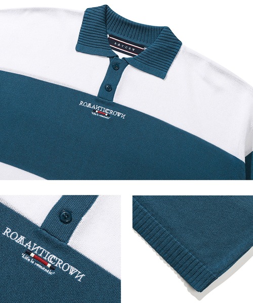 ROMANTIC CROWN（ロマンティッククラウン）の「/ROMANTIC CROWN/STRIPE KNIT POLO【Wo】（ポロシャツ・メンズ・ブルー/グリーン・MEDIUM/LARGE）」の7枚目の写真