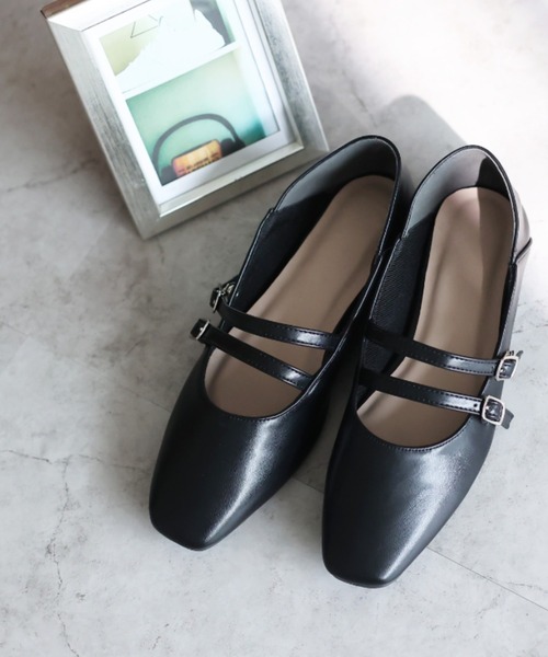 VIVIAN（ヴィヴィアン）の「かかとを踏める スクエアトゥダブルストラップバブーシュ（バレエシューズ・レディース・ブラック/ダークブラウン/カーキ/グレー系その他7/ブラック系その他・S/L/M/LL）」の2枚目の写真