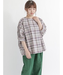 Samansa Mos2 | チェック柄袖口ギャザー七分袖Tブラウス(シャツ/ブラウス)