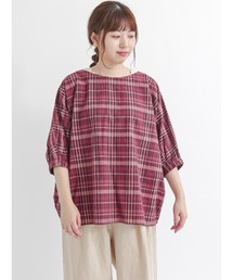 Samansa Mos2 | チェック柄袖口ギャザー七分袖Tブラウス(シャツ/ブラウス)