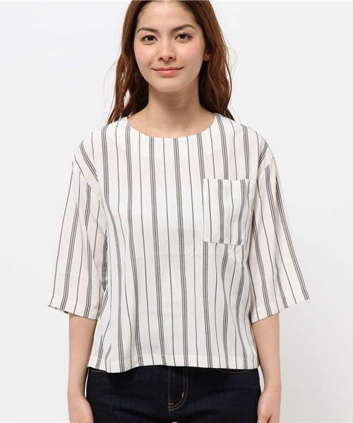CIAOPANIC（チャオパニック）の「【Ciaopanic】　ヘリンボンストライプBigスリーブBL（シャツ/ブラウス・レディース・ネイビー/オフホワイト・FREE）」の3枚目の写真