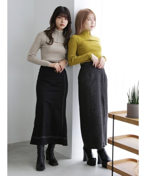 MURUA（ムルーア）の「ツイードフリンジディープスリットスカート（スカート・レディース・ブラック/モカ・1/2）」の5枚目の写真