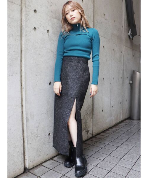 MURUA（ムルーア）の「ツイードフリンジディープスリットスカート（スカート・レディース・ブラック/モカ・1/2）」の8枚目の写真