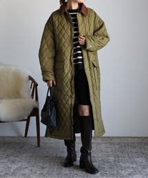 合皮衿取り外し サイドスリットキルティング ロングコート