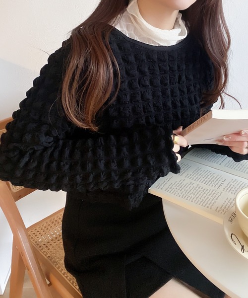 mily bilet(ミウィビレット)の「【mily bilet】甘すぎない。クロップド丈ぽこぽこ素材2wayダブルリボンショート丈カーディガン(カーディガン/ボレロ・レディース・ブラック/アイボリー・LARGE/MEDIUM/SMALL/X-LARGE)」の14枚目の写真