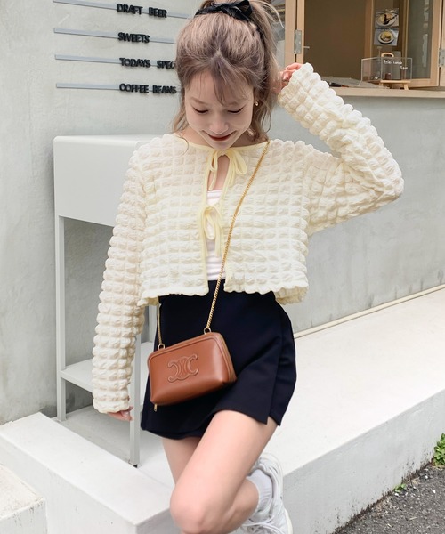 mily bilet(ミウィビレット)の「【mily bilet】甘すぎない。クロップド丈ぽこぽこ素材2wayダブルリボンショート丈カーディガン(カーディガン/ボレロ・レディース・ブラック/アイボリー・LARGE/MEDIUM/SMALL/X-LARGE)」の16枚目の写真