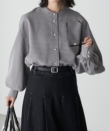 パールボタンボリュームスリーブバンドカラーシャツ