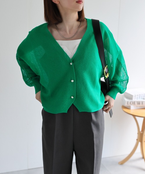 セール】パールボタン付き ドルマンスリーブシアーニットカーディガン