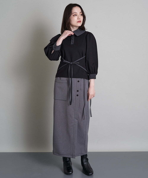 A de a.v.v(アードアー・ヴェ・ヴェ)の「(SETUP対応)片ポケットナロスカート(スカート・レディース・ベージュ/チャコールグレー・36/38)」の8枚目の写真