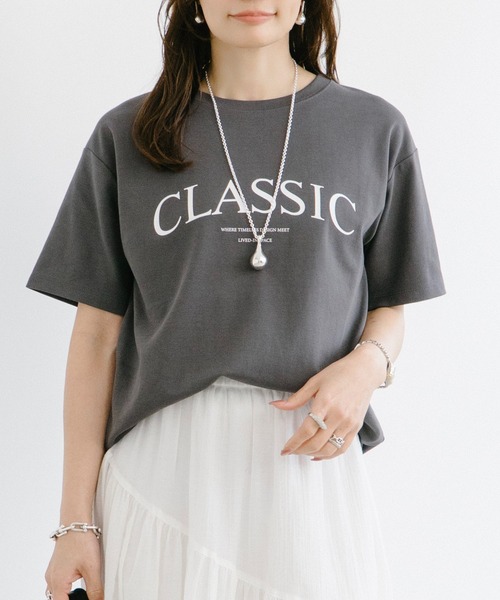 美品 ドゥロワー ロゴプリント Tシャツ ライトグレー 2サイズ ゆったり 大人の安心Tシャツ・高評価レビュー◎】シルクタッチスムースロゴ