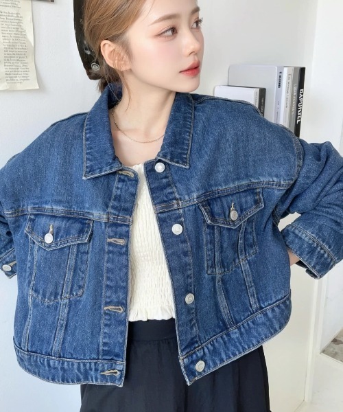 moment+（モーメントプラス）の「ヘビーウェイトデニムショートジャケット/ショートGジャン（デニムジャケット・レディース・インディゴブルー/ブラック系その他/アイボリー/ブルー・L/M）」の6枚目の写真