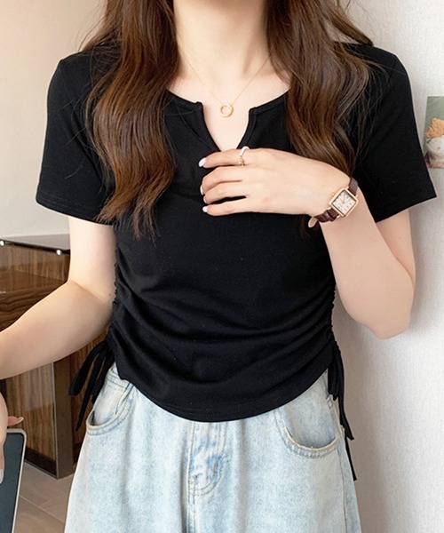 gossip！ロサンゼルス（ゴシップロサンゼルス）の「YUGA　Vネック サイドリボントップス（Tシャツ/カットソー・レディース・グレー/ブラック/ピンク/ホワイト・FREE）」の3枚目の写真