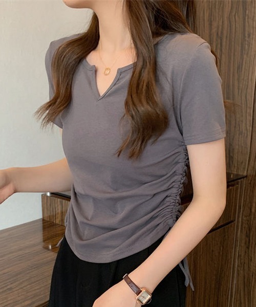 gossip！ロサンゼルス（ゴシップロサンゼルス）の「YUGA　Vネック サイドリボントップス（Tシャツ/カットソー・レディース・グレー/ブラック/ピンク/ホワイト・FREE）」の8枚目の写真