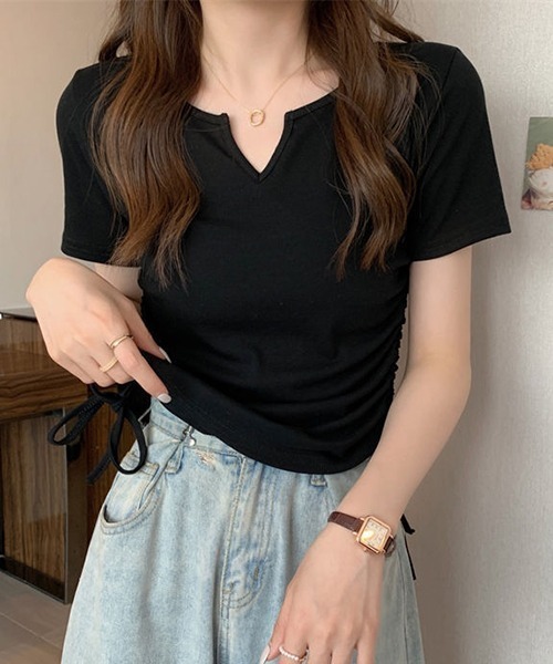 gossip！ロサンゼルス（ゴシップロサンゼルス）の「YUGA　Vネック サイドリボントップス（Tシャツ/カットソー・レディース・グレー/ブラック/ピンク/ホワイト・FREE）」の13枚目の写真