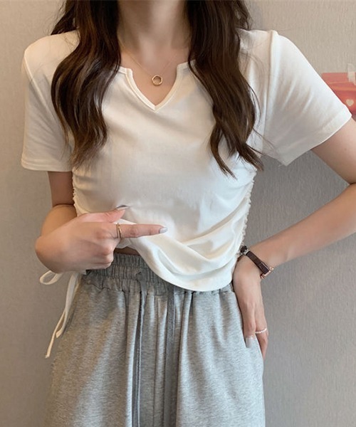 gossip！ロサンゼルス（ゴシップロサンゼルス）の「YUGA　Vネック サイドリボントップス（Tシャツ/カットソー・レディース・グレー/ブラック/ピンク/ホワイト・FREE）」の5枚目の写真