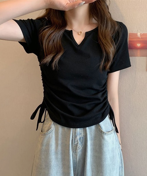 gossip！ロサンゼルス（ゴシップロサンゼルス）の「YUGA　Vネック サイドリボントップス（Tシャツ/カットソー・レディース・グレー/ブラック/ピンク/ホワイト・FREE）」の7枚目の写真