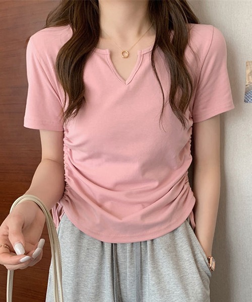 gossip！ロサンゼルス（ゴシップロサンゼルス）の「YUGA　Vネック サイドリボントップス（Tシャツ/カットソー・レディース・グレー/ブラック/ピンク/ホワイト・FREE）」の11枚目の写真