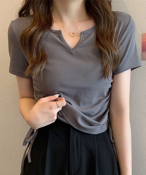 gossip！ロサンゼルス（ゴシップロサンゼルス）の「YUGA　Vネック サイドリボントップス（Tシャツ/カットソー・レディース・グレー/ブラック/ピンク/ホワイト・FREE）」の12枚目の写真