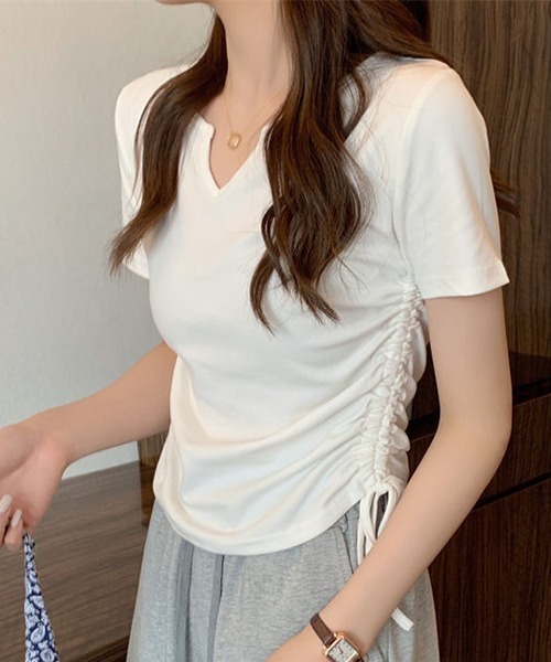 gossip！ロサンゼルス（ゴシップロサンゼルス）の「YUGA　Vネック サイドリボントップス（Tシャツ/カットソー・レディース・グレー/ブラック/ピンク/ホワイト・FREE）」の6枚目の写真