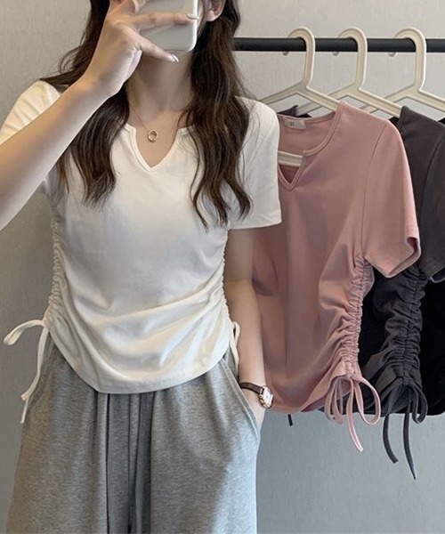 gossip！ロサンゼルス（ゴシップロサンゼルス）の「YUGA　Vネック サイドリボントップス（Tシャツ/カットソー・レディース・グレー/ブラック/ピンク/ホワイト・FREE）」の9枚目の写真