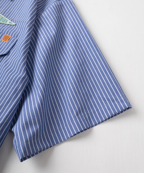 UNIVERSAL OVERALL(ユニバーサルオーバーオール)の「【UNIVERSAL OVERALL/ユニバーサルオーバーオール】ビッグシルエット ワッペンデザイン ストライプ柄 ワーカーズ半袖シャツ/WORKER'S SHIRT(シャツ/ブラウス・メンズ・ネイビー/ホワイト/サックスブルー・M/L/XL)」の10枚目の写真