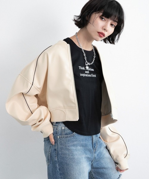 PAGEBOY（ページボーイ）の「フェイクレザーパイピングショートブルゾン（ブルゾン・レディース・アイボリー/ブラック・FREE）」の7枚目の写真