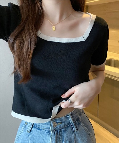 Silly（シリー）の「モノトーンバイカラースクウェアネックTEE（Tシャツ/カットソー・レディース・ホワイト/ブラック・FREE）」の2枚目の写真