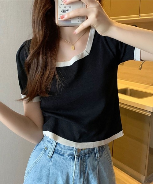 Silly（シリー）の「モノトーンバイカラースクウェアネックTEE（Tシャツ/カットソー・レディース・ホワイト/ブラック・FREE）」の4枚目の写真