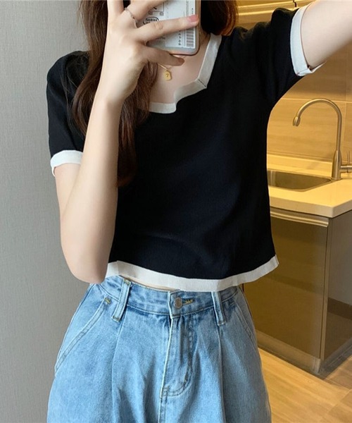 Silly（シリー）の「モノトーンバイカラースクウェアネックTEE（Tシャツ/カットソー・レディース・ホワイト/ブラック・FREE）」の5枚目の写真