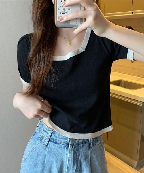 Silly（シリー）の「モノトーンバイカラースクウェアネックTEE（Tシャツ/カットソー・レディース・ホワイト/ブラック・FREE）」の6枚目の写真