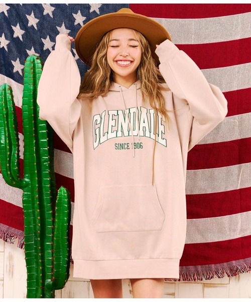 anap mimpi（アナップミンピ）の「カレッジ ロゴ 裏起毛 フーディー スウェット ミニワンピース（パーカー・レディース・ネイビー/ベージュ・FREE）」の3枚目の写真