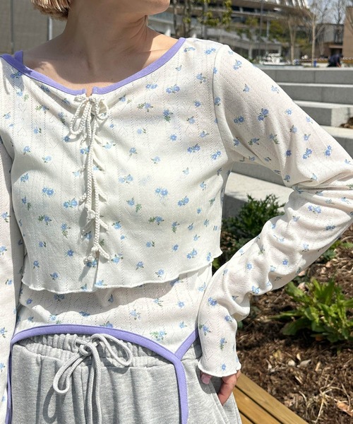 Alley by w closet（アリーバイダブルクローゼット）の「【Alley/SETアイテム】花柄TOPS&裾ピローンキャミ（カーディガン/ボレロ・レディース・イエロー/ピンク/オフホワイト・FREE）」の11枚目の写真