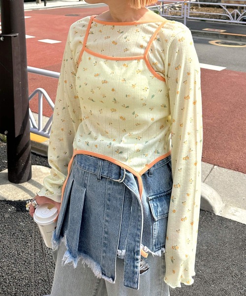 Alley by w closet（アリーバイダブルクローゼット）の「【Alley/SETアイテム】花柄TOPS&裾ピローンキャミ（カーディガン/ボレロ・レディース・イエロー/ピンク/オフホワイト・FREE）」の15枚目の写真