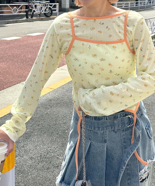 Alley by w closet（アリーバイダブルクローゼット）の「【Alley/SETアイテム】花柄TOPS&裾ピローンキャミ（カーディガン/ボレロ・レディース・イエロー/ピンク/オフホワイト・FREE）」の17枚目の写真