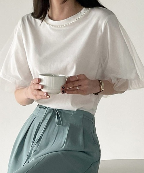 美品　TOPTEE Tシャツ　半袖　チュール　パール　白　S 楽天市場】チュール ドッキングトップス Tシャツ トップス 半袖
