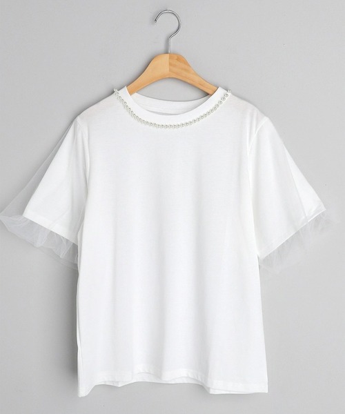 【特別送料無料！】 セール】パールネックチュールスリーブトップス（Tシャツ トップス