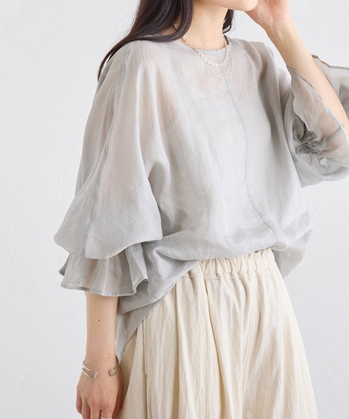 PUAL CE CIN(ピュアルセシン)の「ラミー袖フレアブラウス(シャツ/ブラウス・レディース・サックスブルー/オフホワイト/ライトグレー・FREE)」の2枚目の写真