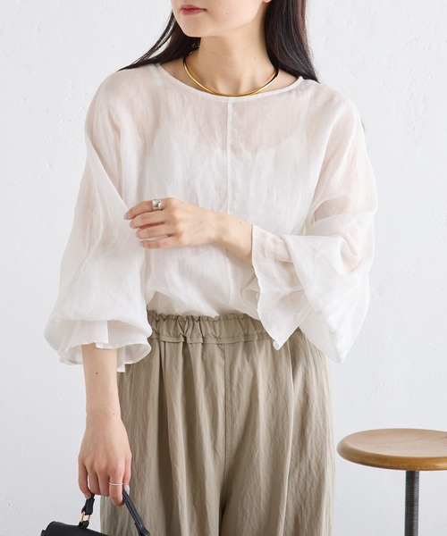 PUAL CE CIN(ピュアルセシン)の「ラミー袖フレアブラウス(シャツ/ブラウス・レディース・サックスブルー/オフホワイト/ライトグレー・FREE)」の5枚目の写真