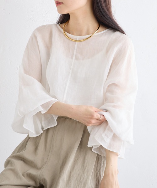 PUAL CE CIN(ピュアルセシン)の「ラミー袖フレアブラウス(シャツ/ブラウス・レディース・サックスブルー/オフホワイト/ライトグレー・FREE)」の7枚目の写真