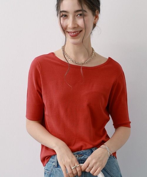 saloon(サルーン)の「SALOON(サルーン)/バックUネックトップス【手洗い可】半袖(Tシャツ/カットソー・レディース・オレンジ/オフホワイト/ブラック・FREE)」の3枚目の写真