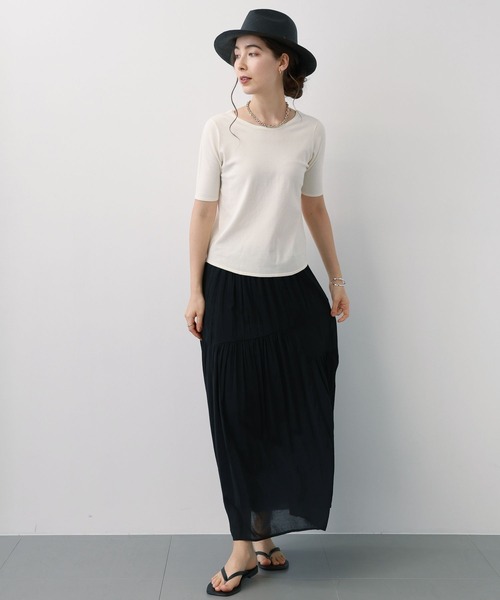 saloon(サルーン)の「SALOON(サルーン)/バックUネックトップス【手洗い可】半袖(Tシャツ/カットソー・レディース・オレンジ/オフホワイト/ブラック・FREE)」の6枚目の写真