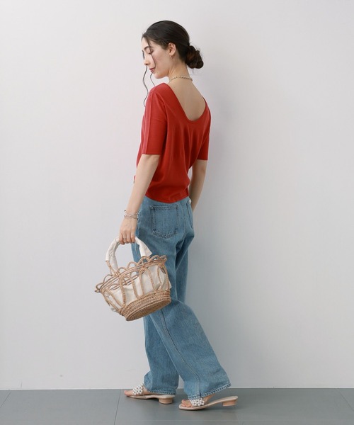 saloon(サルーン)の「SALOON(サルーン)/バックUネックトップス【手洗い可】半袖(Tシャツ/カットソー・レディース・オレンジ/オフホワイト/ブラック・FREE)」の5枚目の写真