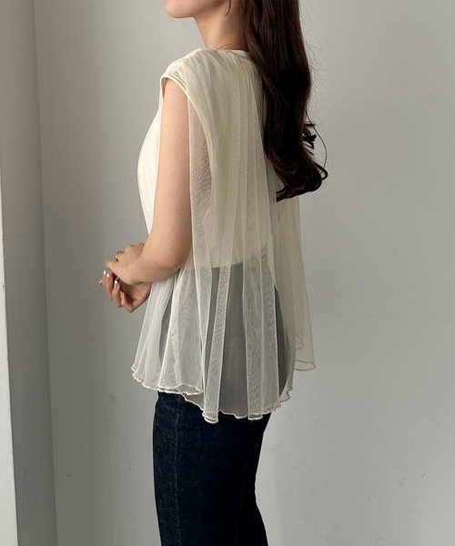 Louere（ルエレ）の「チュールノースリーブトップス（Tシャツ/カットソー・レディース・クリーム/ピンク/チャコール/ブラック/ライトグレー・SMALL/MEDIUM/LARGE/X-LARGE）」の7枚目の写真
