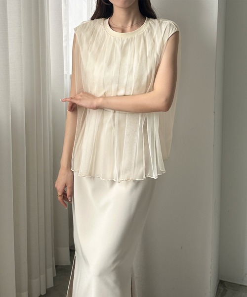 Louere（ルエレ）の「チュールノースリーブトップス（Tシャツ/カットソー・レディース・クリーム/ピンク/チャコール/ブラック/ライトグレー・SMALL/MEDIUM/LARGE/X-LARGE）」の12枚目の写真