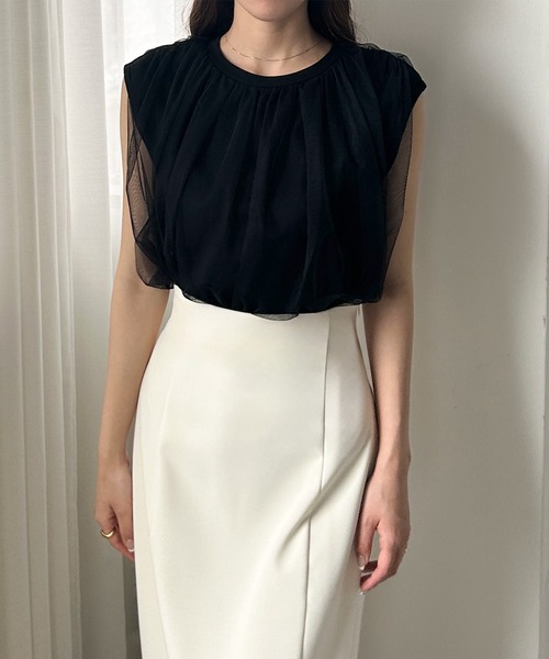 Louere（ルエレ）の「チュールノースリーブトップス（Tシャツ/カットソー・レディース・クリーム/ピンク/チャコール/ブラック/ライトグレー・SMALL/MEDIUM/LARGE/X-LARGE）」の14枚目の写真