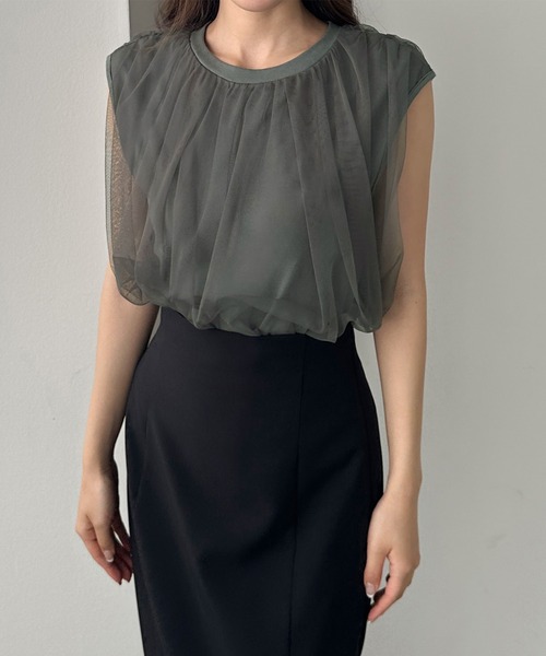 Louere（ルエレ）の「チュールノースリーブトップス（Tシャツ/カットソー・レディース・クリーム/ピンク/チャコール/ブラック/ライトグレー・SMALL/MEDIUM/LARGE/X-LARGE）」の19枚目の写真