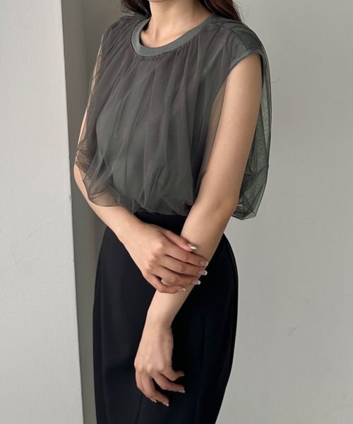Louere（ルエレ）の「チュールノースリーブトップス（Tシャツ/カットソー・レディース・クリーム/ピンク/チャコール/ブラック/ライトグレー・SMALL/MEDIUM/LARGE/X-LARGE）」の20枚目の写真
