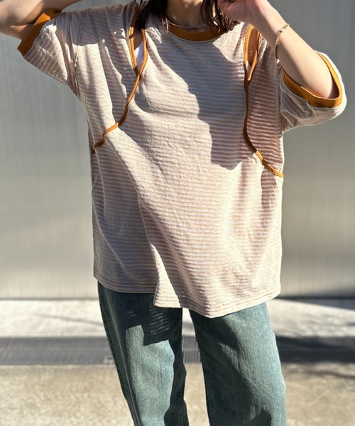 mi via loca(ミヴィアロカ)の「【2WAY】シアースラブボーダー カットアウトリンガーTシャツ(Tシャツ/カットソー・レディース・ブラック×ホワイト/キャメル/グレー×ピンク・FREE)」の1枚目の写真